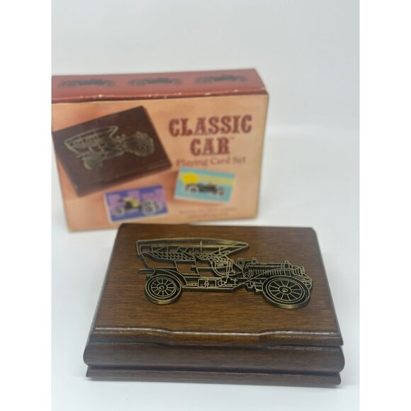 VTG Classic Car Playing Card Set with Wooden Storage Box 2 Decks MCM Decor - Picture 1 of 6